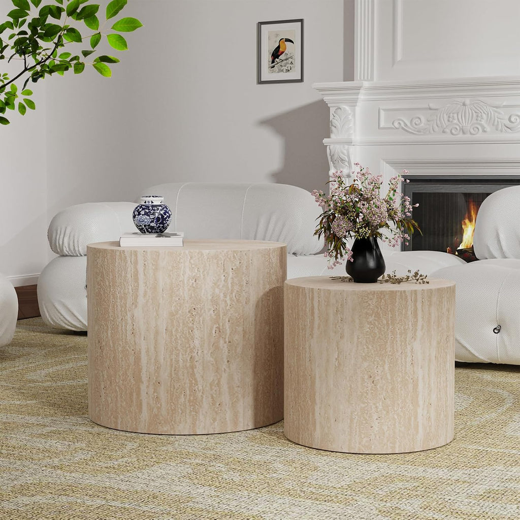 Round Wood Coffee Table Set of 2 Modern Circle Travertine Nesting Coffee Tables Handcrafted Drum End/Side Tables Sets for Living Room for Small Space (Travertine (D18.2+D14.6 inch))