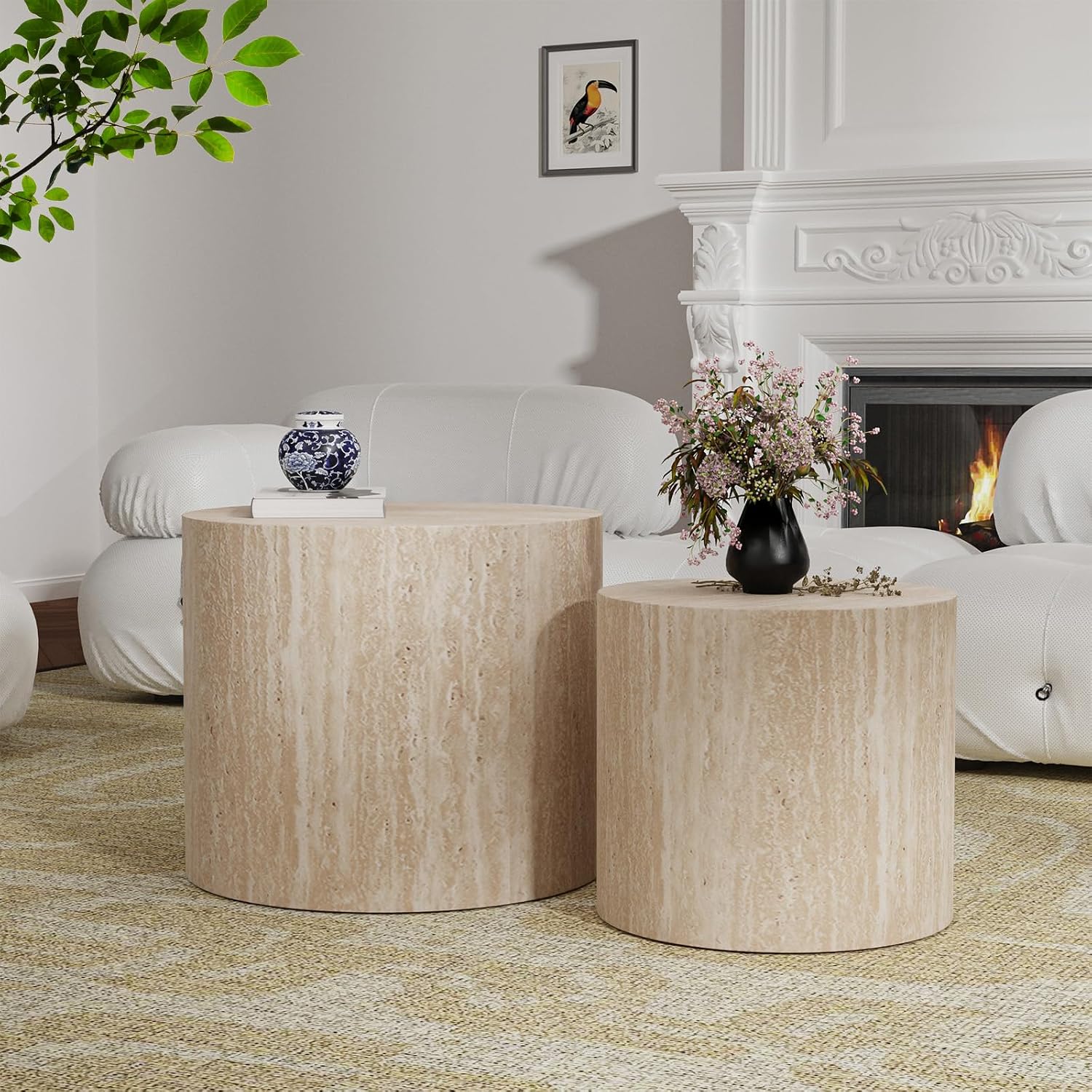 Round Wood Coffee Table Set of 2 Modern Circle Travertine Nesting Coffee Tables Handcrafted Drum End/Side Tables Sets for Living Room for Small Space (Travertine (D18.2+D14.6 inch))