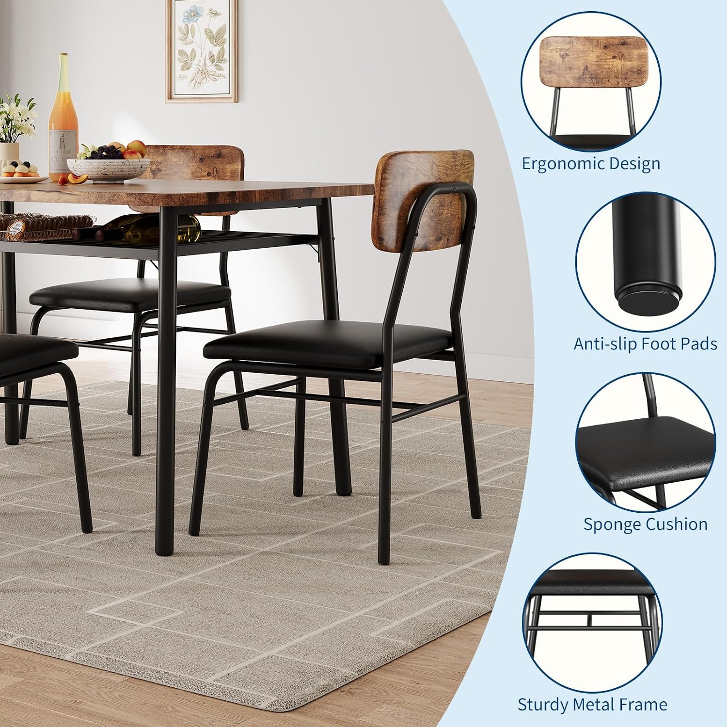 GarveeHome Dining Table Set for 4 with Storage Rack, 5-Piece Kitchen Table and Upholstered Chairs of 4, Wood Tabletop & Heavy-Duty Metel Frame, Dining Room Set for Small Space, Apartment, Brown