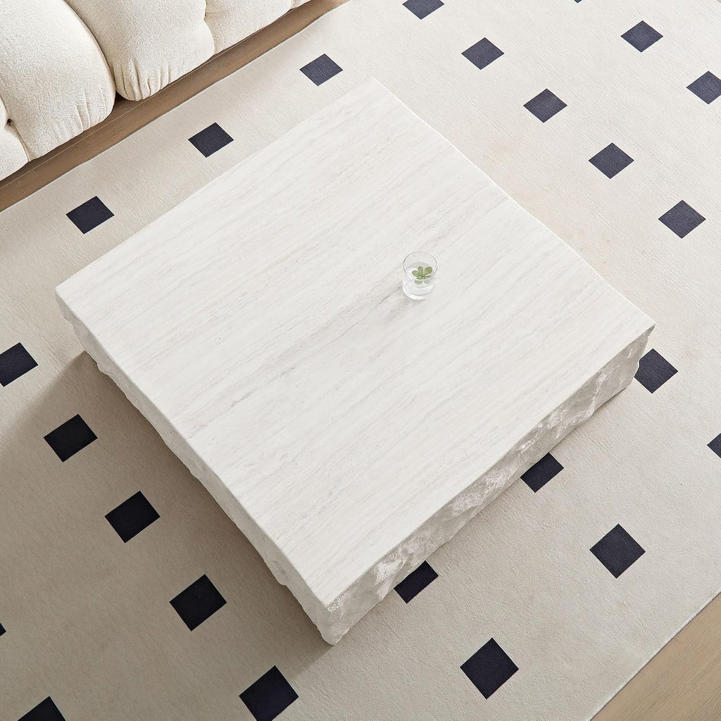 WILLIAMSPACE 35.4' Square Coffee Table Center Table for Living Room, Modern Drum Coffee Table with Imitation Stone Table for Apartment, No Need Assembly, Fiberglass (Beige Cement Stone Pattern)