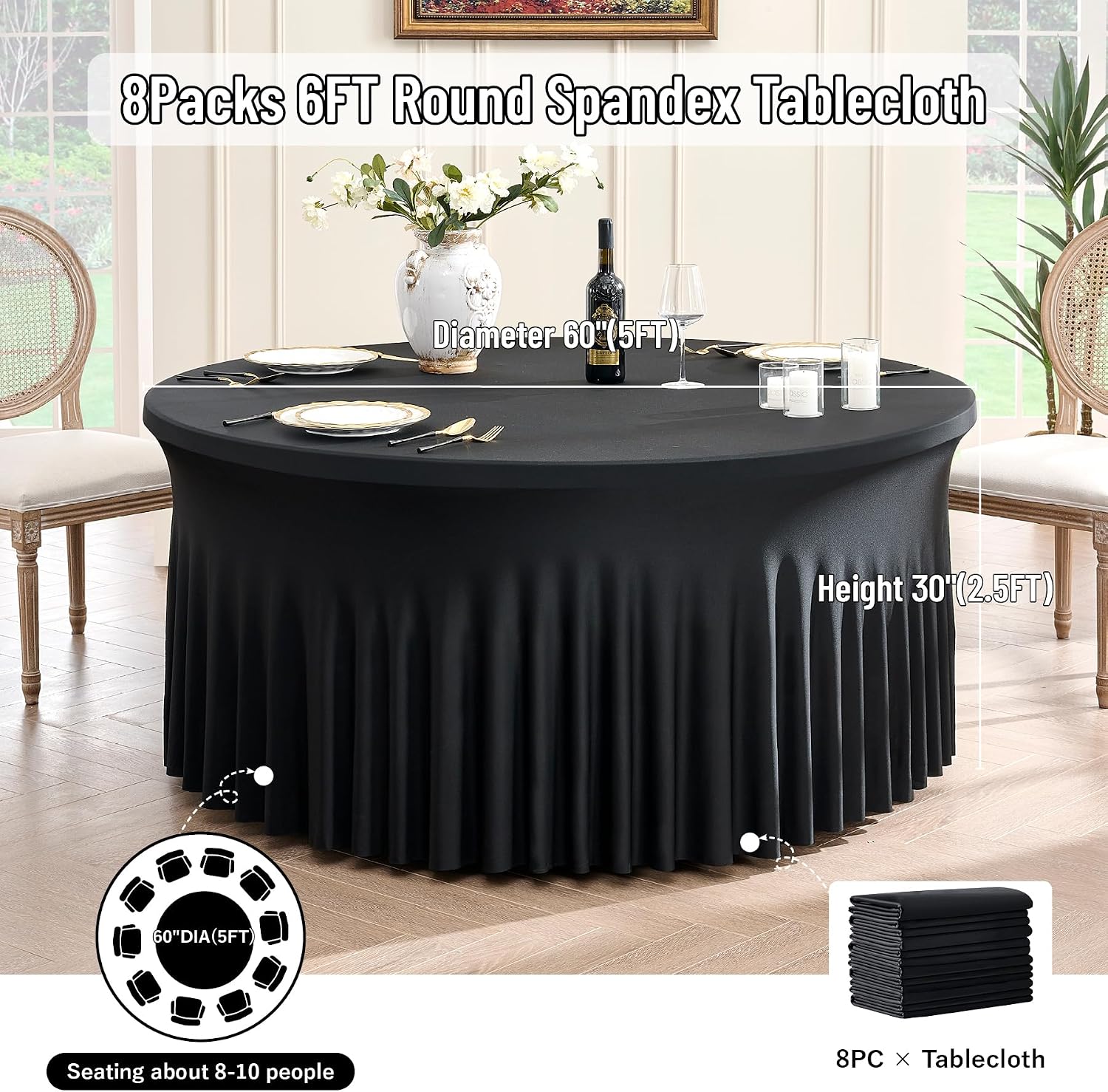 leegleri 8 Pack Spandex Black Round Tablecloths for 72in Table, Stretchy 132inch Fitted 6FT Round Table Cloths, Wrinkle Free Table Cover with Skirt for Wedding Birthday Party Bridal Shower Banquet