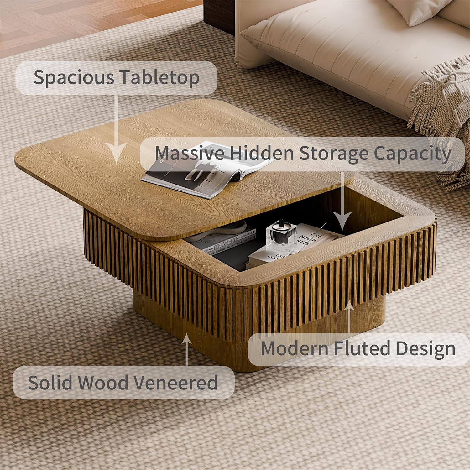 Square Coffee Table for Living Room,Fluted Drum Accent Tea Center Table with Storage,Solid Wood Modern Coffee Tables for Small Space Office Apartment (31.5' L×31.5''W×14''H-Brown)