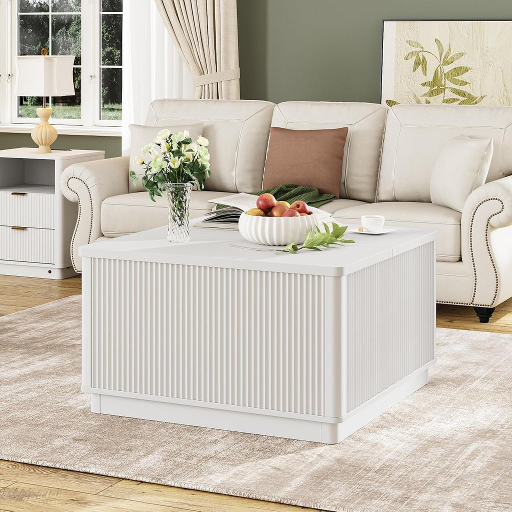 Modern Lift Top Coffee Table with Storage, Square Coffee Tables with LED Lighting and Power Outlet, Wooden Square Center Table for Living Room, Home Office, White