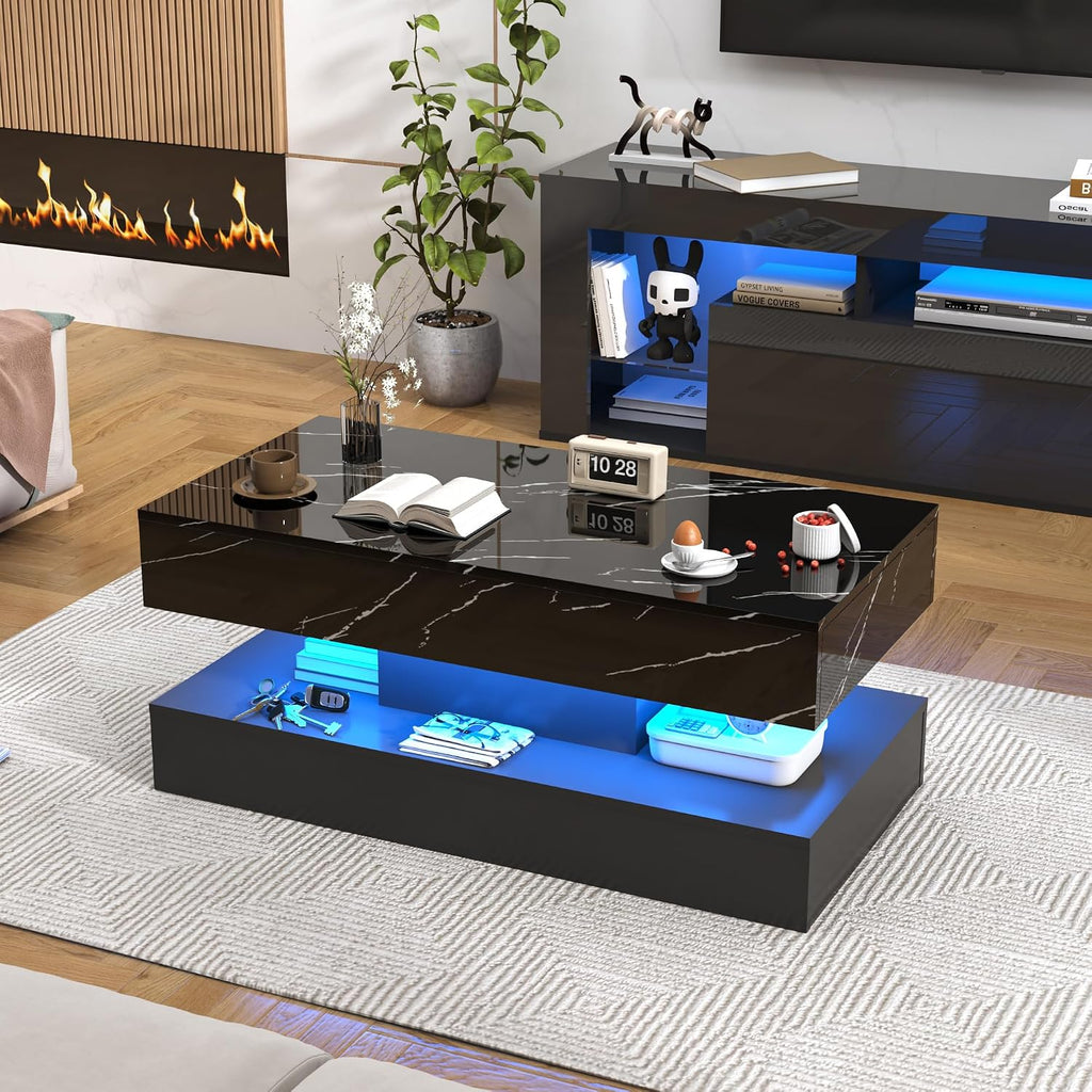chartustriable 39.4' Large High-Glossy LED Coffee Table with 2 Sliding Drawers, Living Room Storage Coffee Tables with Marbling Print, Modern Stylish Double-Layer Center Tables w/LED Lights, Black
