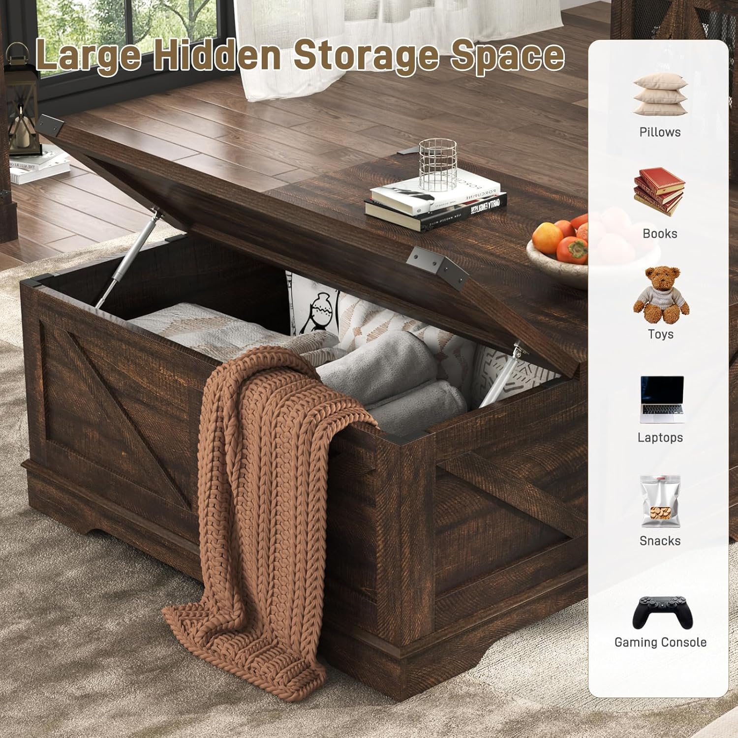Hlivelood 40' Large Farmhouse Lift Top Coffee Table with Power Outlets and Large Hidden Storage, Square Wood Living Room Tables, Multi-Function Lift Wooden Barn Door Center Table, Brown