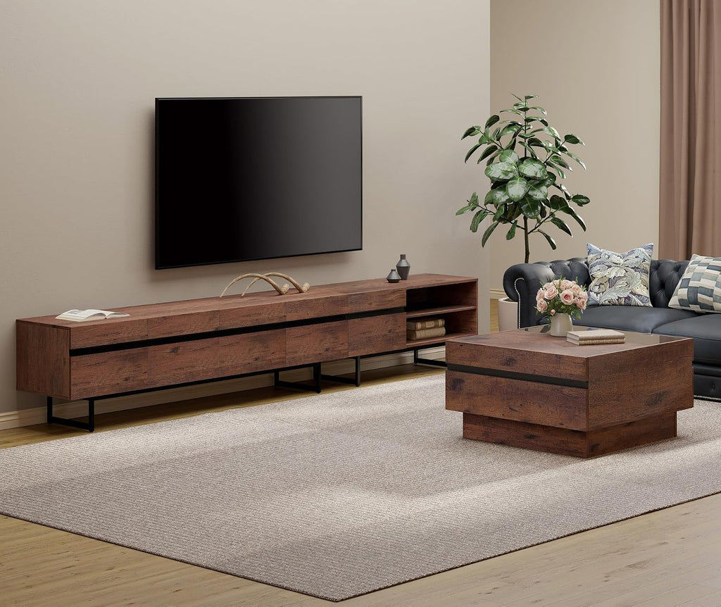 WAMPAT Modern TV Stand and Coffee Table Set of 2, Storage Entertainment Center for TVs Up to 100 inch, Square Center Table with Tempered Glass and Storage Drawers for Living Room, Brown