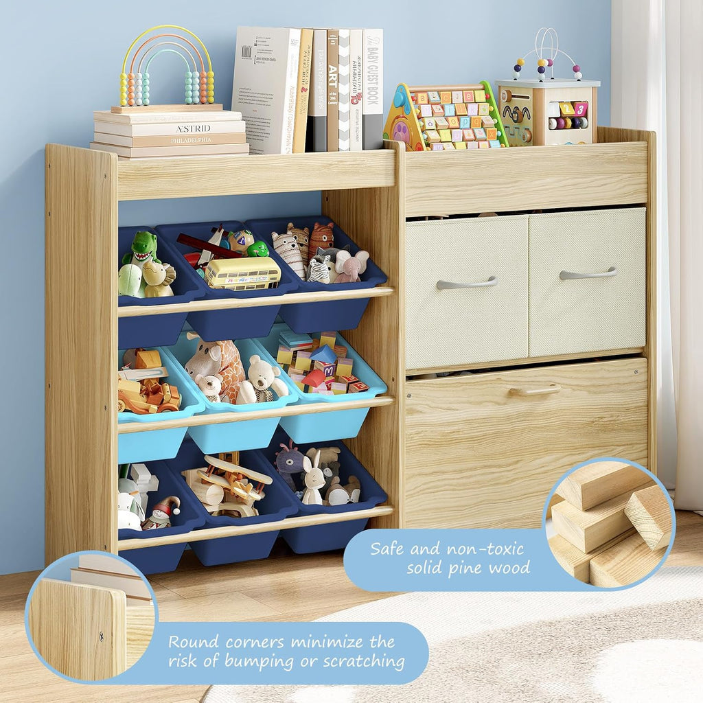 EXPERLAM Toy Storage Organizer for Kids, 9-Bin Toy Organizer with 2-Drawers,Movable Toy Chest and Top Rack, Kids Bookshelf and Toy Storage for Playroom, Bedroom, Nursery, Blue