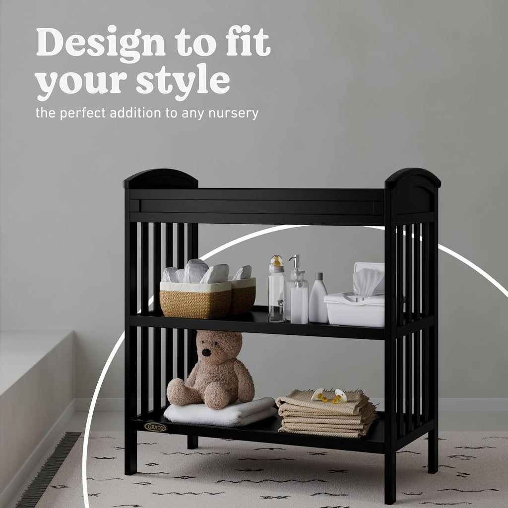 Graco Benton Changing Table with Bonus Water-Resistant Changing Pad (Black) - GREENGUARD Gold Certified, Includes Diaper Change Pad with Safety Strap, 2 Open Storage Shelves for Organizing