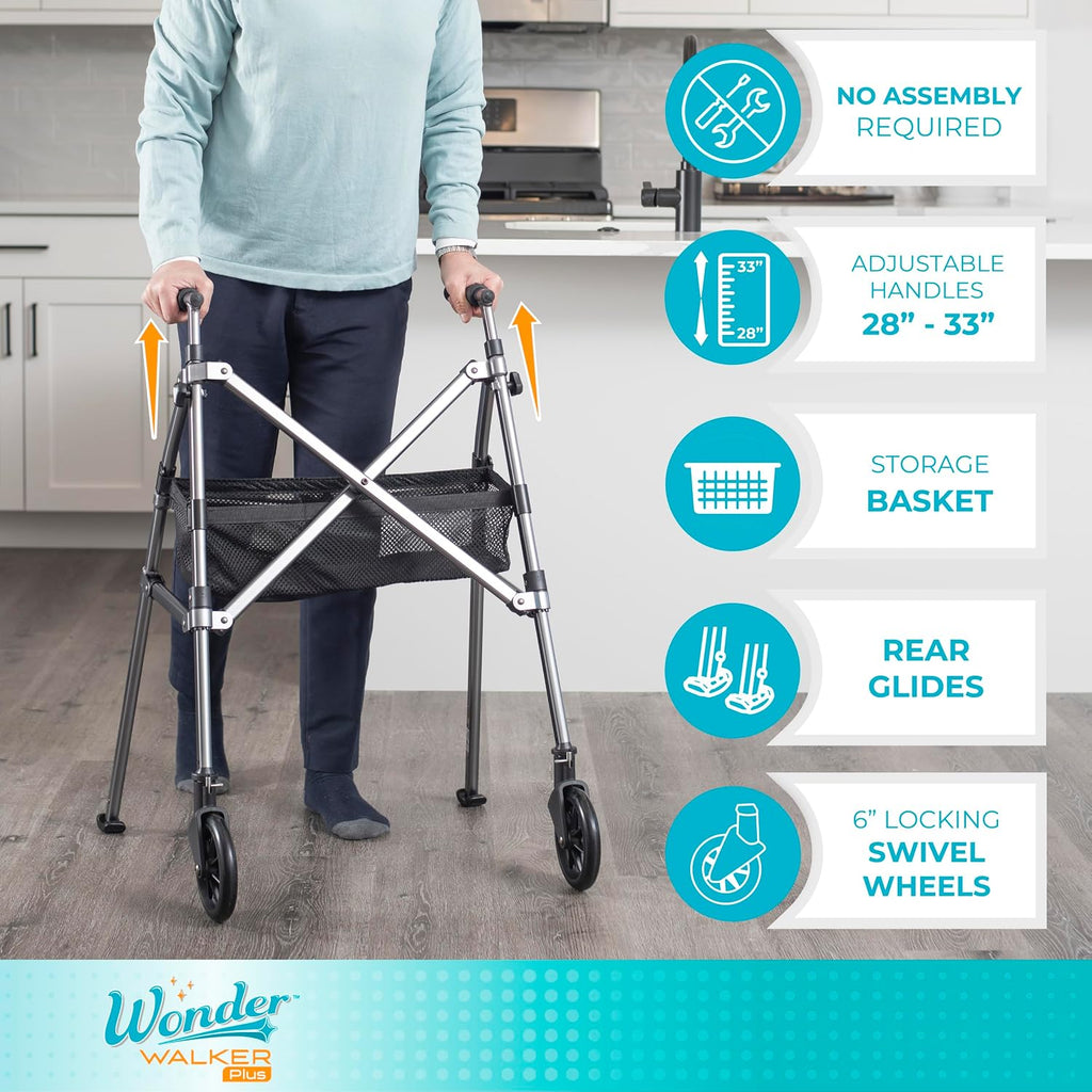 Stander Wonder Walker Plus Short, Lightweight Junior Folding Mobility Aid for Petite Adults, Seniors, and Elderly, Collapsible Travel EZ Fold-N-Go with Wheels, Glides & Basket, Cobalt Blue