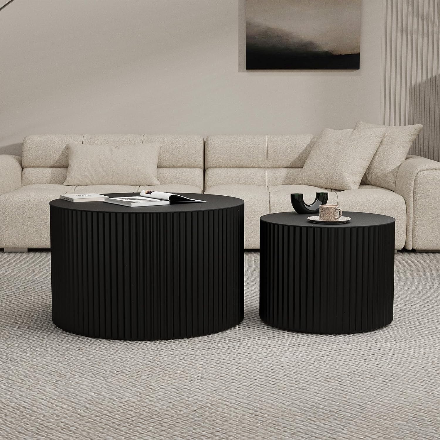 Round Wood Coffee Table Set of 2 Modern Round Fluted Nesting Coffee Tables Handcrafted Wooden Circle Nesting Table for Living Room for Small Space (Black (D18.9+D14.8 inch))
