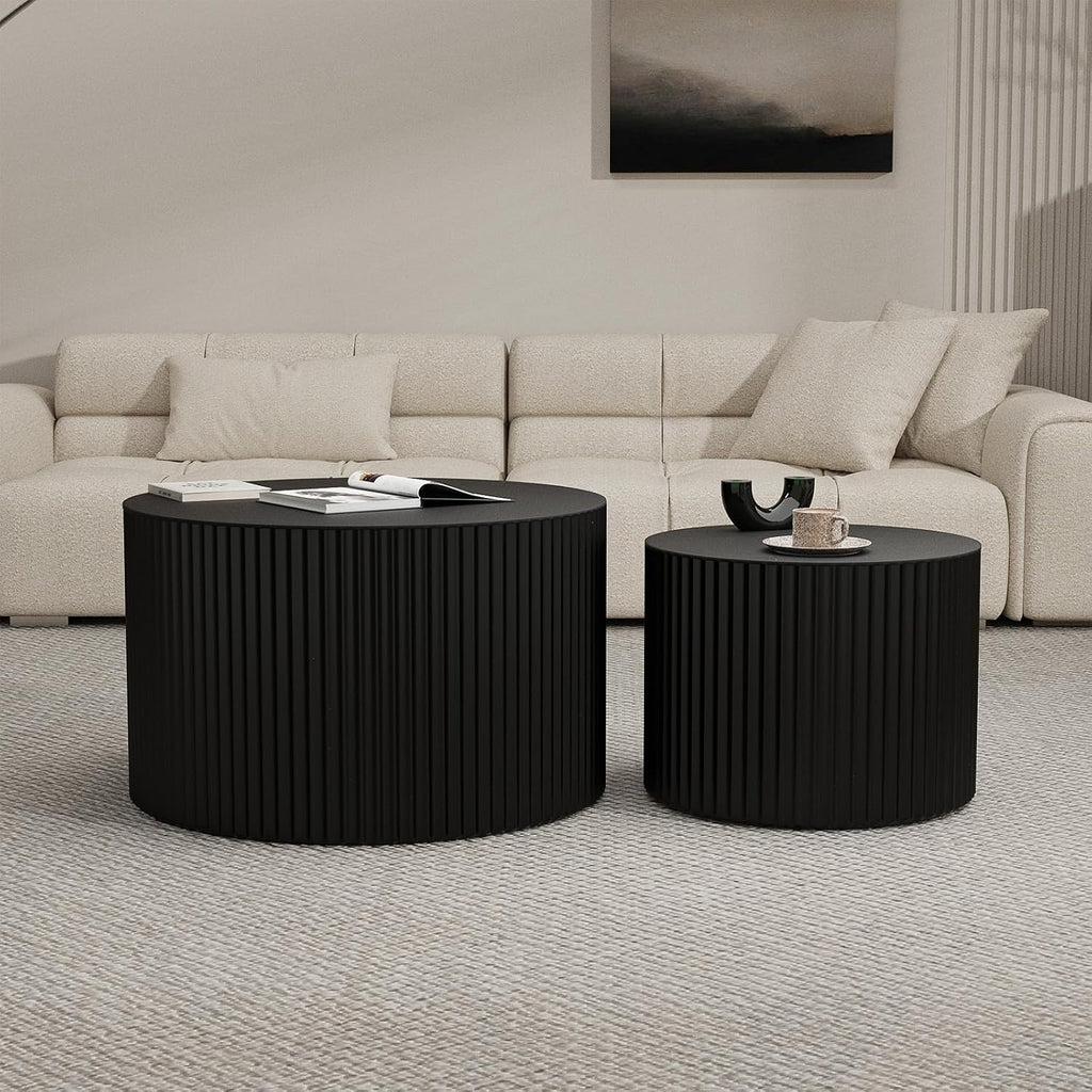 Round Wood Coffee Table Set of 2 Modern Round Fluted Nesting Coffee Tables Handcrafted Wooden Circle Nesting Table for Living Room for Small Space (Black (D27.56+D19.69 inch))