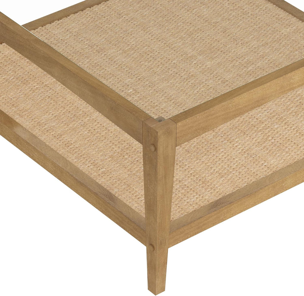 Nathan James Hayes Glass Coffee Table and Side Table Set with Rattan Bottom Shelf, Bohemian 2-Piece Living Room Set