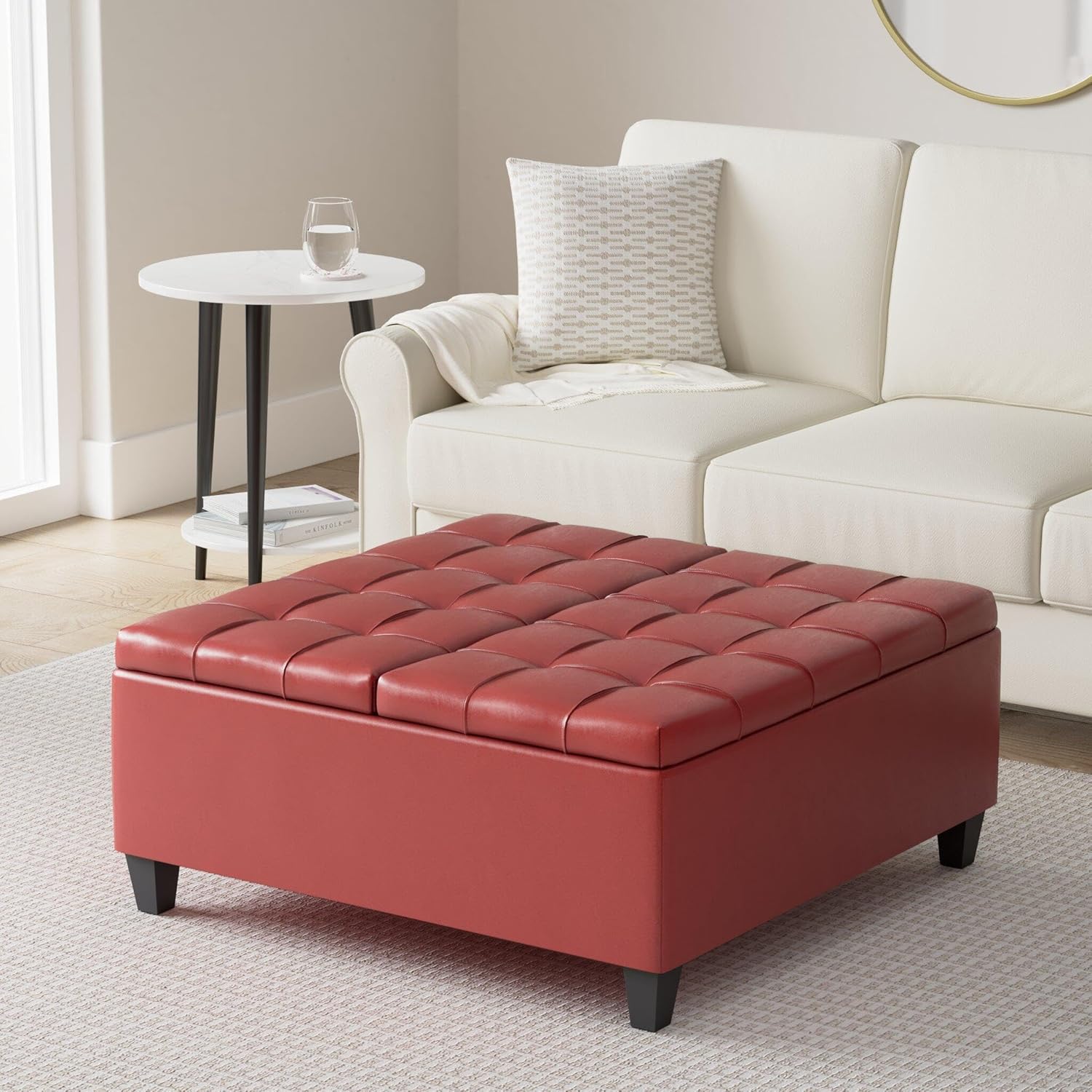 SIMPLIHOME Harrison Coffee Table Storage Ottoman - 36 inch Wide Upholstered Vegan Leather Square Lift-Top Ottoman in Crimson Red, Transitional Ottoman for Living Room with Hidden Storage