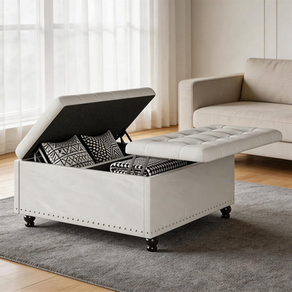 FUXA 35 Inch Large Square Ottoman with Storage, Oversized Ottoman Coffee Table with Lift Top and Wood Legs, Tufted Upholstered Storage Ottoman Bench for Living Room (Beige)