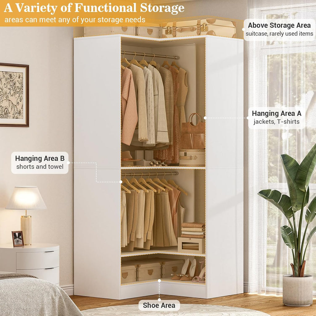 Homieasy Corner Closet System Modular with Upper & Lower Hanging Areas and Shoe Shelf, Corner Wardrobe Organizer, Easy Assembly, Anti-Tip Design, Perfect for Bedroom or Walk-In Closet, White