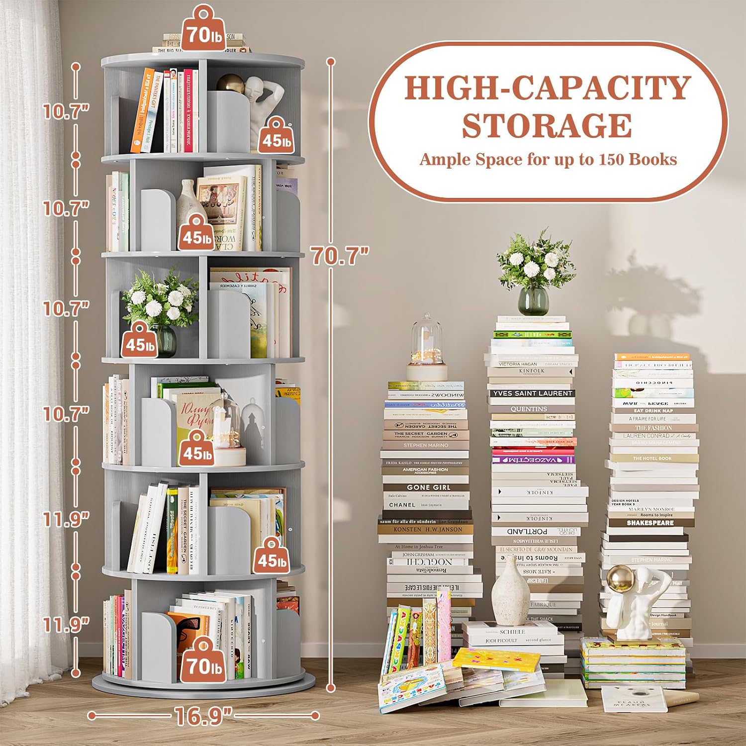Aheaplus 6 Tier Rotating Bookshelf, Wood Spinning Bookshelf Tower, Round Revolving 360 Bookcase, Narrow Turning Book Shelf Rolling Corner Organizer for Small Space, Bedroom, Office, Grey