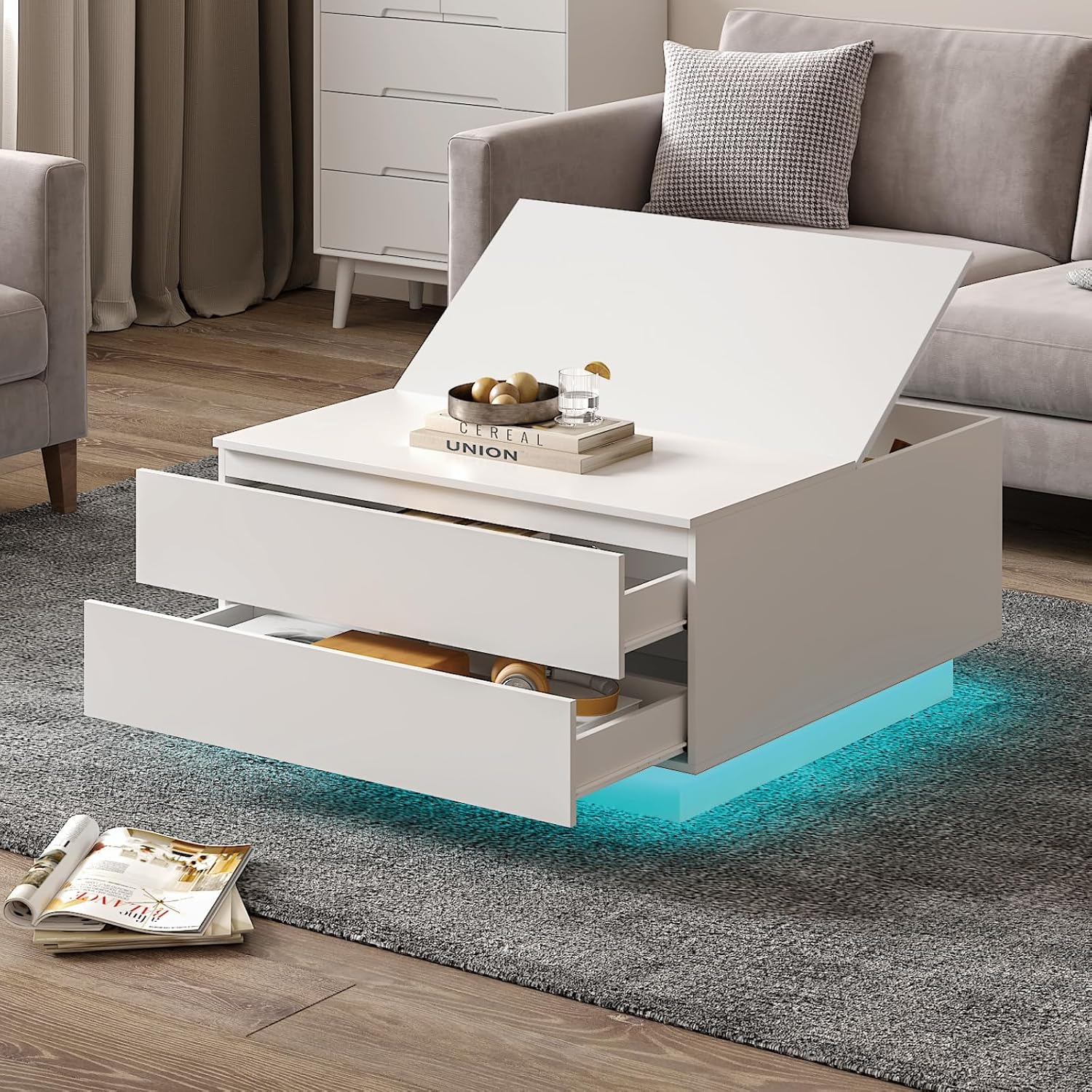 HedoAjim Square Coffee Tables with Storages, Modern White Coffee Table for Living Room, Flip Cover Coffee Tables and 2 Spacious Drawers, Coffee Table with LED Light
