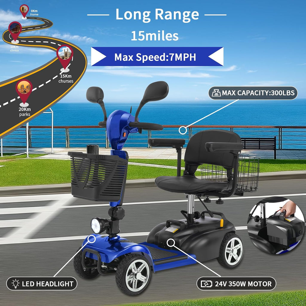 Mobility Scooter for Seniors/Adults, up to 300lbs Capacity, 4 Wheels Mobility Scooters with 15 Miles 350W 5/7MPH, Electric Wheelchair, Adjustable Seat with Rear Mirror