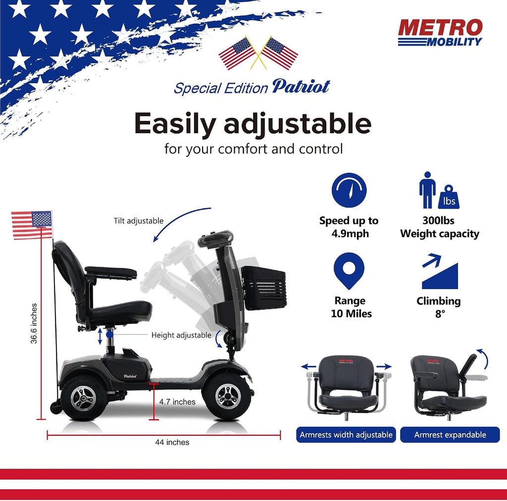Metro Mobility 4 Wheel Powered Mobility Scooter for Seniors - 300 lbs Capacity Electric Mobility Scooter for Adults - Long Range Power Extended Battery with Thickened Seat and USB Charging Port - Gray