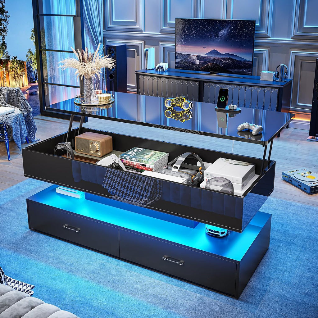 SEDETA 47.2' Lift Top Coffee Table, Coffee Tables with Storage for Living Room, 2 Drawers Coffee Table with Power Outlet & LED Light for Dining Reception Room, High Gloss Black