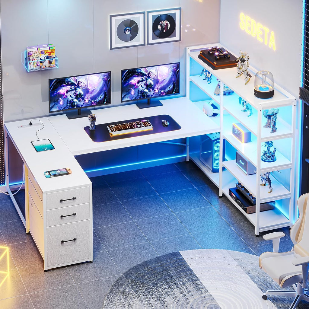 SEDETA L Shaped Office Desk with Drawers, 64.5' Reversible Computer Desk with Storage Shelves and Power Outlet, Corner Gaming Desk with LED Strip for Home Office, White