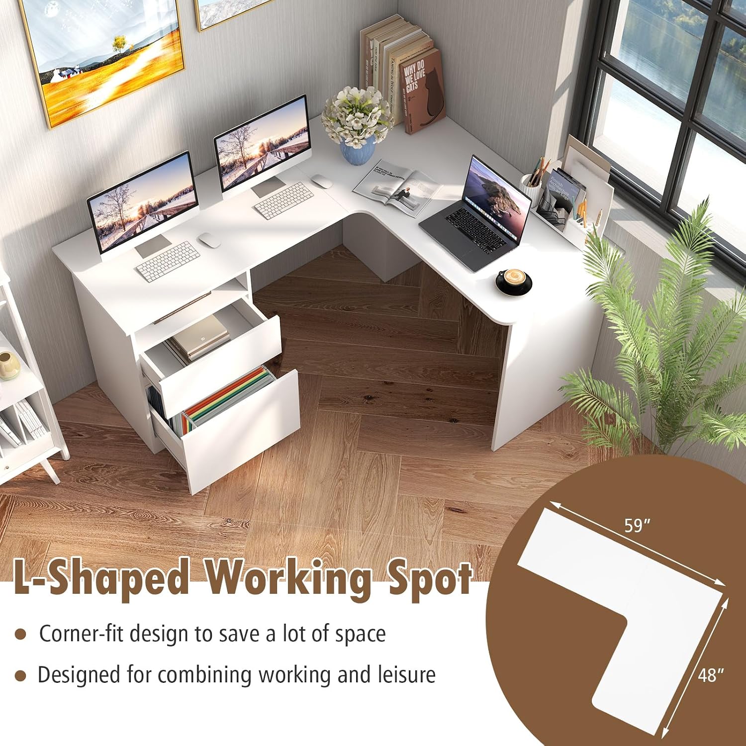 Giantex L Shaped Computer Desk with Drawers, 59' Corner Desk Workstation with Storage Shelf & Cable Holes, Large Executive Office Desk, Modern Study Writing Table for Home Office (White)