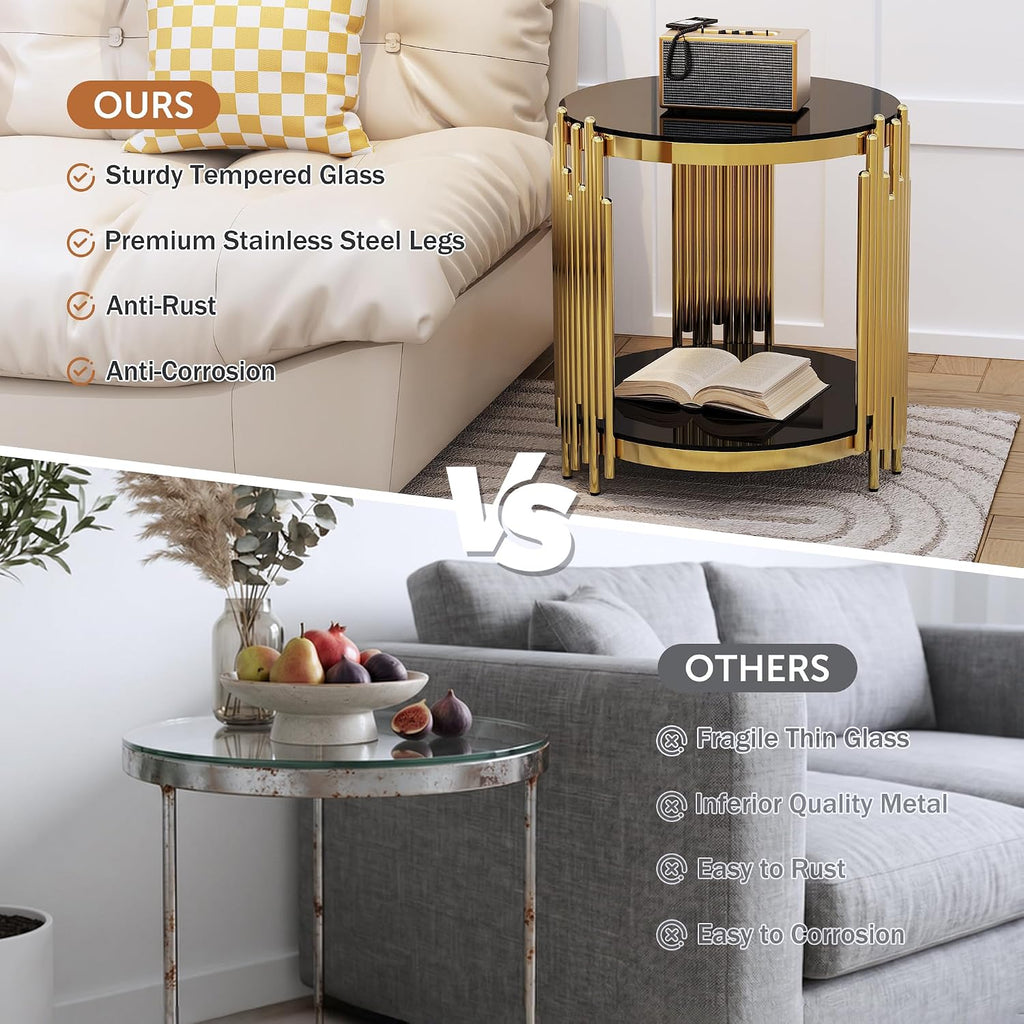 Luxury Gold Round Glass End Table, 19.7' Modern Side Table with Stainless Steel Irregular Leg Black Tempered Glass Tabletop, Accent Furniture for Living Room, Black
