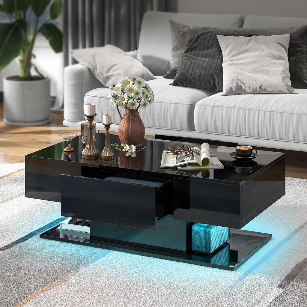 Tangkula LED Coffee Table with 2 Drawers, High Glossy Modern Center Table, 20-Color Dimmable LED Lights & Remote Control, 2-Tier Rectangle Coffee Table for Living Room (with Drawer, Black)