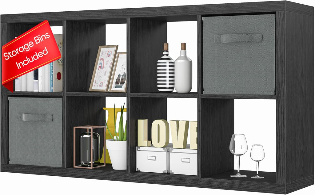 furtble Bookshelf with Storage Bins, 8-Cube Storage Organizer, Modern Black Bookshelf for Bedroom, Multifunctional Display Cube Bookshelves for Living Room, Bedroom, Home Office