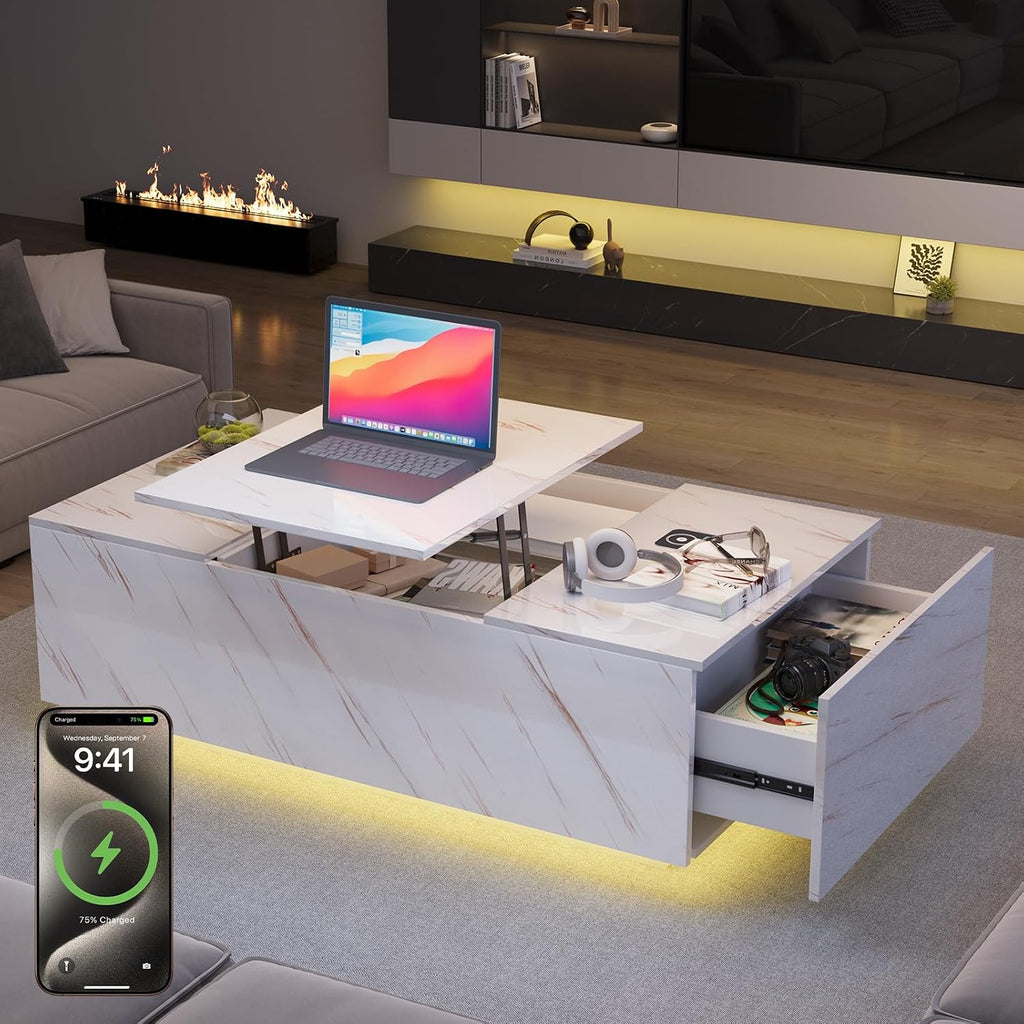 LED Coffee Table, 47.2' Lift Top Coffee Tables with Drawers and Large Storage, Smart Living Room Table with Wireless Charging & Bluetooth Speaker, Dining Center Tables with Storage Shelf, White