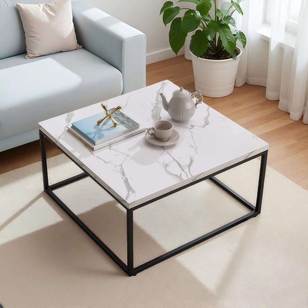 CENSI 30' Square Coffee Table, White Faux Marble Center Table for Living Room, Modern Minimalist Cocktail Table with Black Metal Frame, Extra Thick 1.2' Wood Top, Sturdy & Easy Assembly