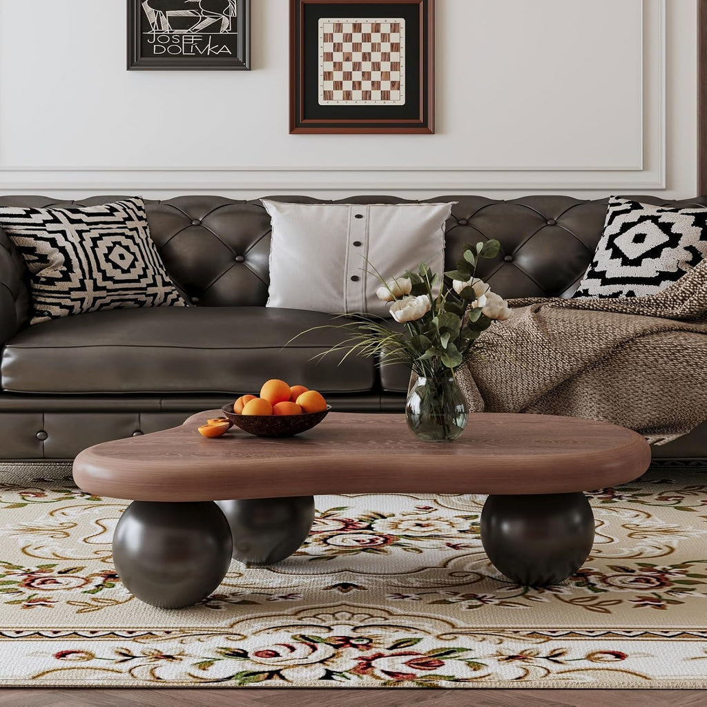 47' Cloud Coffee Table for Living Room Irregular Coffee Table Mid Century Modern Unique Coffee Tables Low Cute Small Center Table with 3 Ball Legs for Small Space Apartment Walnut & Black