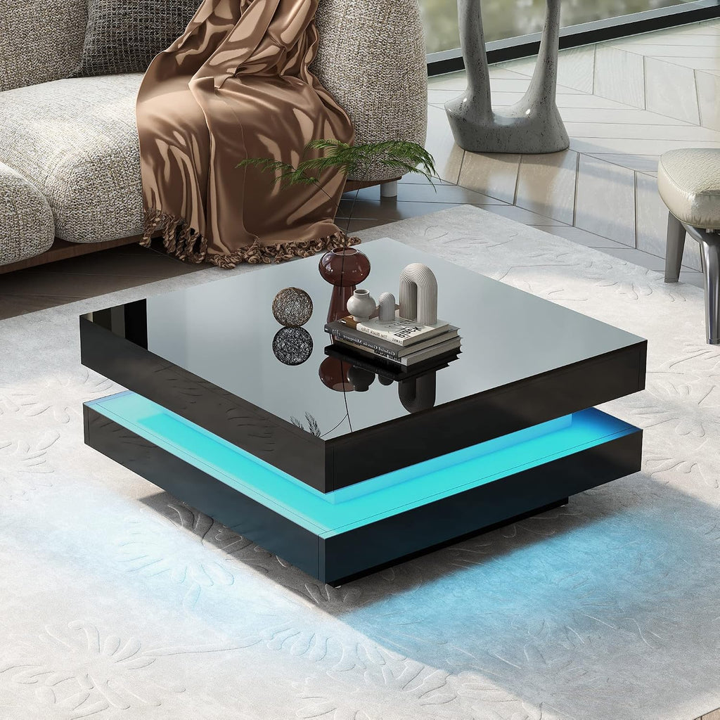 Merax Modern Minimalist Design High Gloss 31.5 x 31.5 inch 2-Tier Square Coffee Table with Plug-in 16-Color LED Lights for Living Room, Black
