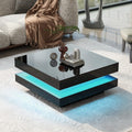 Merax Modern Minimalist Design High Gloss 31.5 x 31.5 inch 2-Tier Square Coffee Table with Plug-in 16-Color LED Lights for Living Room, Black