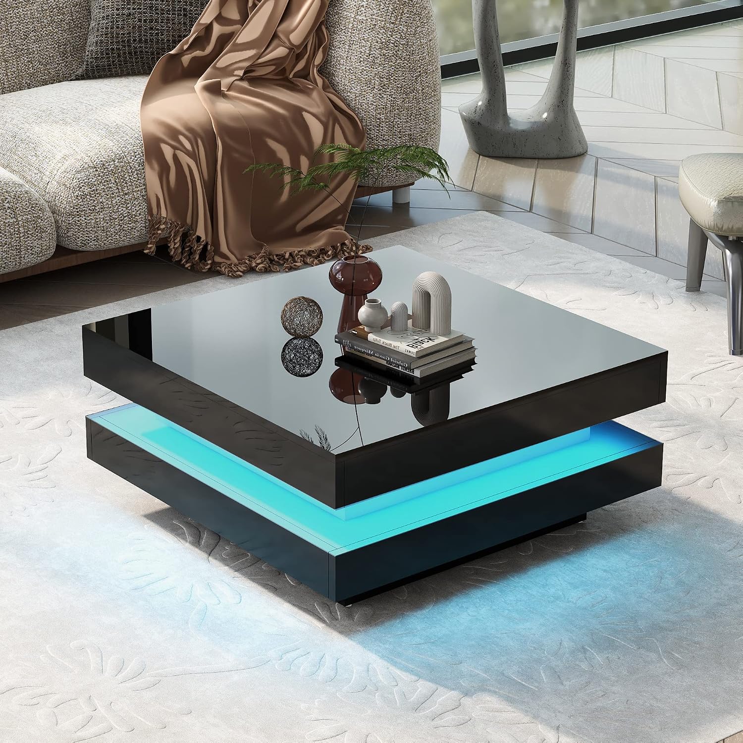 Merax Modern Minimalist Design High Gloss 31.5 x 31.5 inch 2-Tier Square Coffee Table with Plug-in 16-Color LED Lights for Living Room, Black