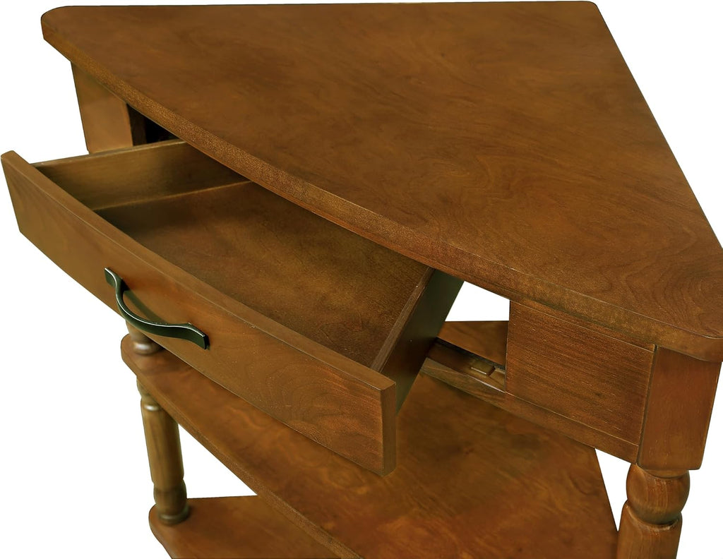 GDFStudio Trmxmbi 3 Tier Corner Console Table with 1 Storage Drawers and Shelves, 33.8'' Rustic Wood Triangle Sofa End Table for Small Spaces, Solid Wood Legs, Brown