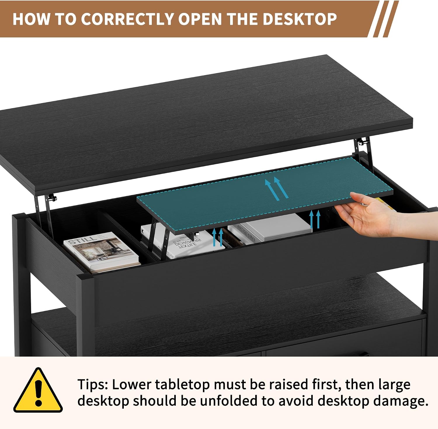 SYESWAY 42'' Lift Top Coffee Table, 4-in-1 Multifunctional Lift Coffee Table with Storage & Hidden Compartments, Farmhouse Coffe Table with Lifting top for Living Room, Dining Reception Room, Black