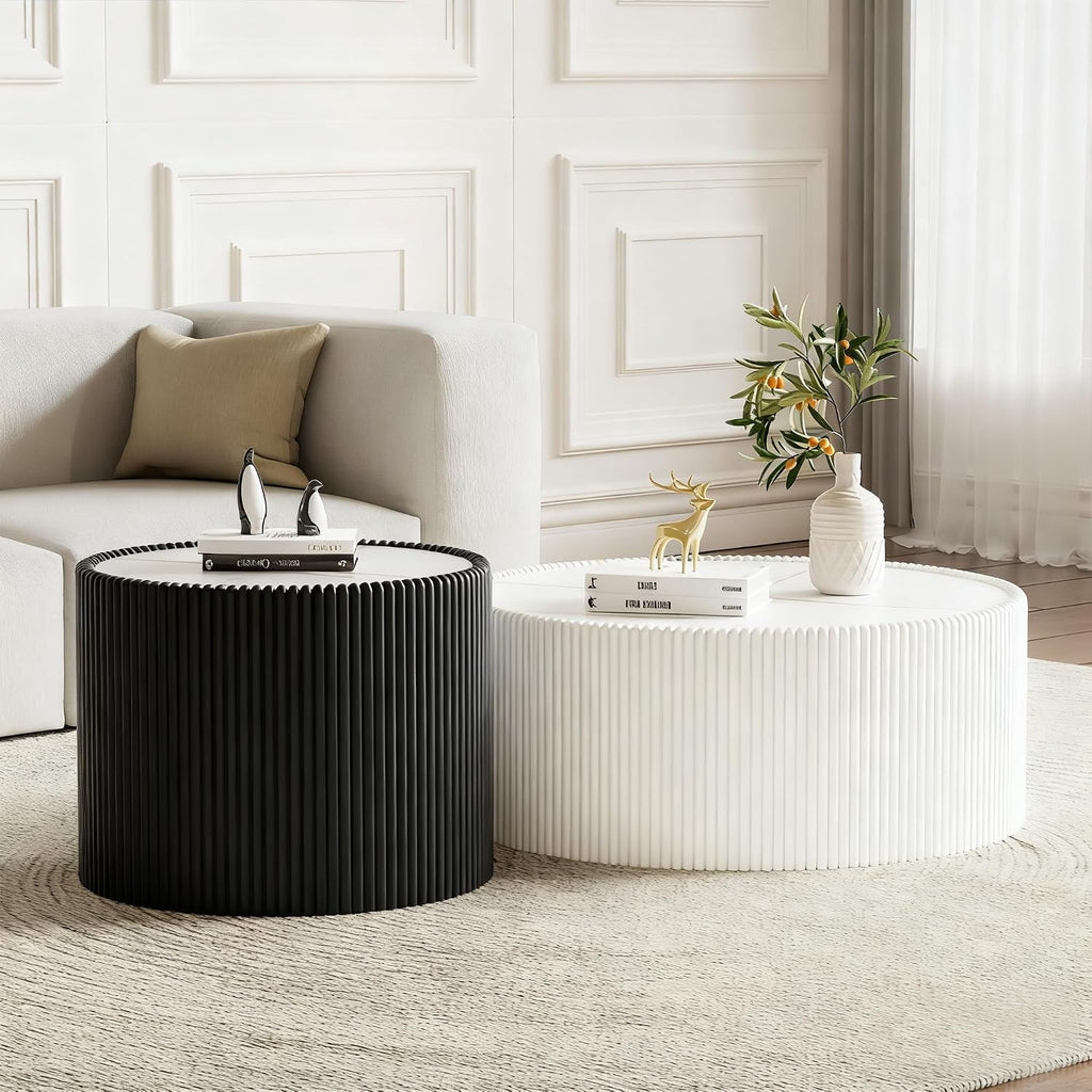 Round Coffee Table Set with Sintered Stone Tabletop, 29.52' White Drum Center Table and 17.71' Black Coffee Table Set, 2 Pieces Living Room Table Set with Fluted PU Leather Cover& Stable Base