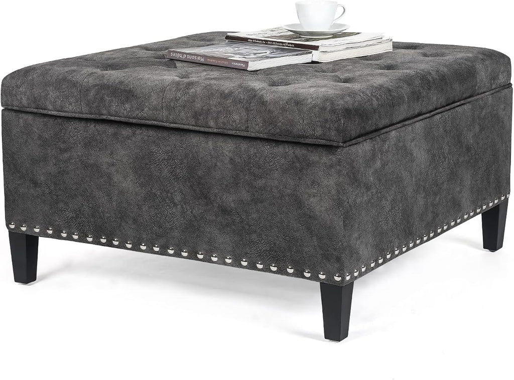 Homebeez Storage Ottoman Bench for Living Room, Tufted Square Coffee Table Footstool Footrest with Wood Legs (Grey)