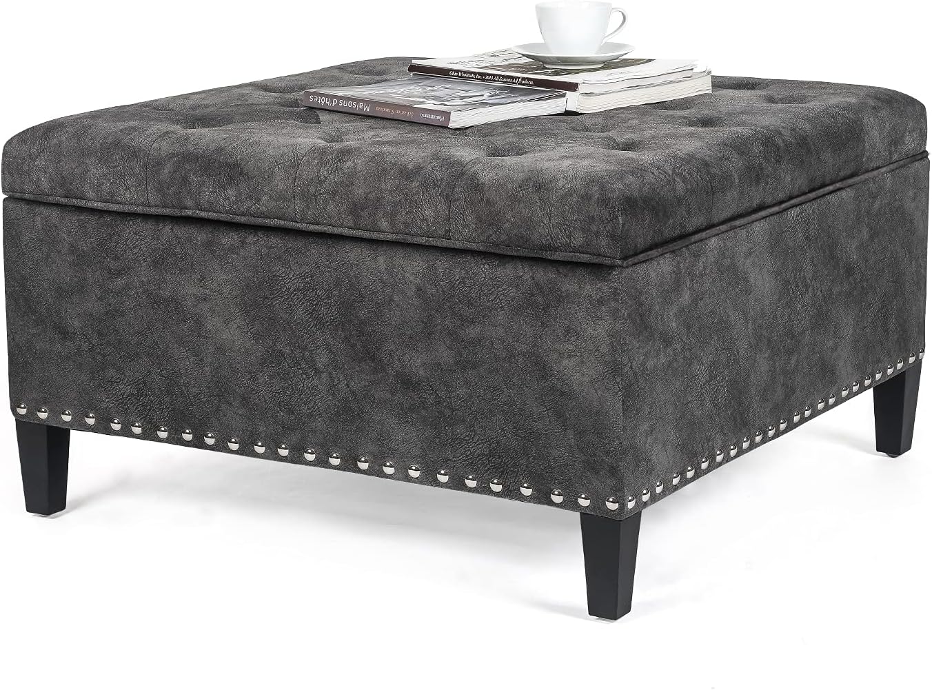 Homebeez Storage Ottoman Bench for Living Room, Tufted Square Coffee Table Footstool Footrest with Wood Legs (Grey)