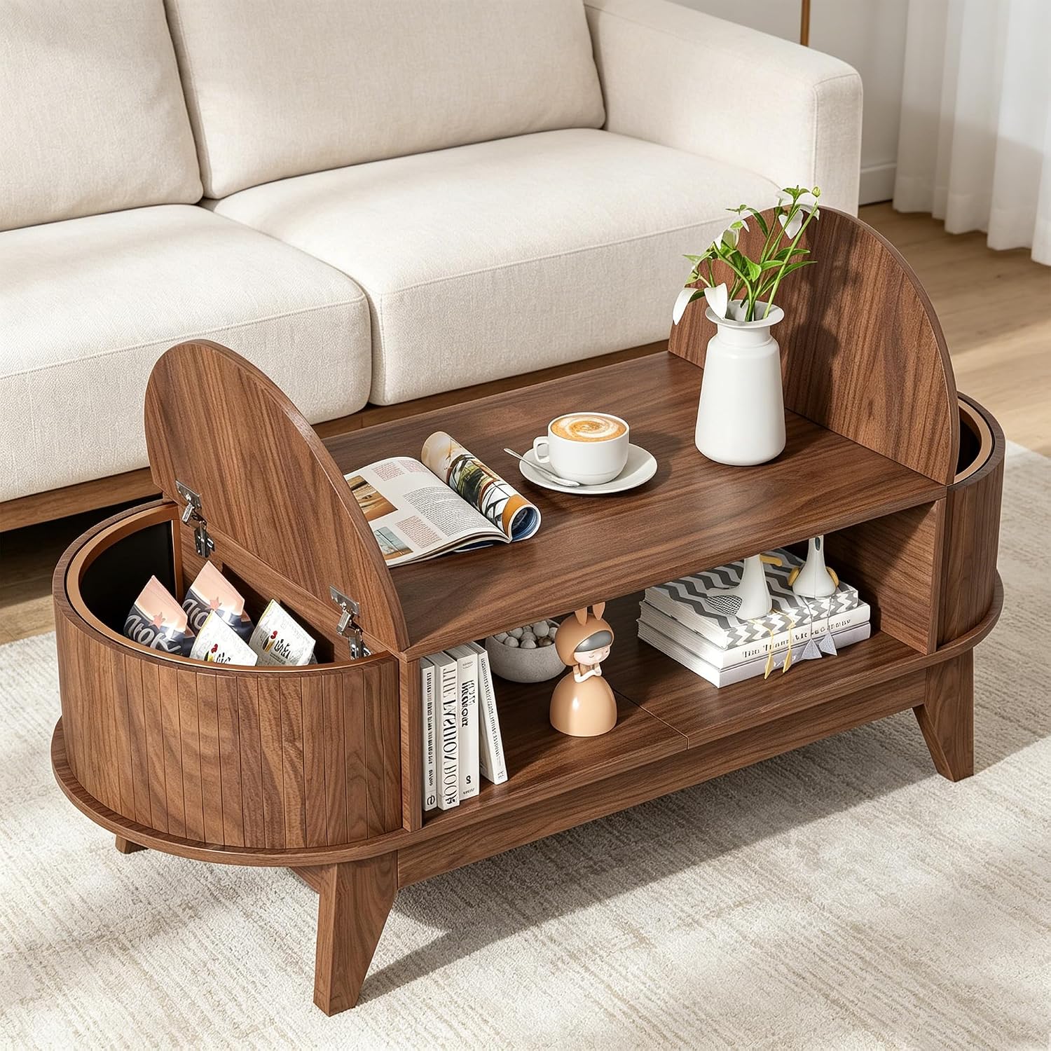 Coffee Table with Storage,Mid Century Modern Coffee Tables with 2 Flip-Top Hidden Lids,Fluted Coffee Table,Wood Center Tables for Living Room Home Office (Walnut Color)