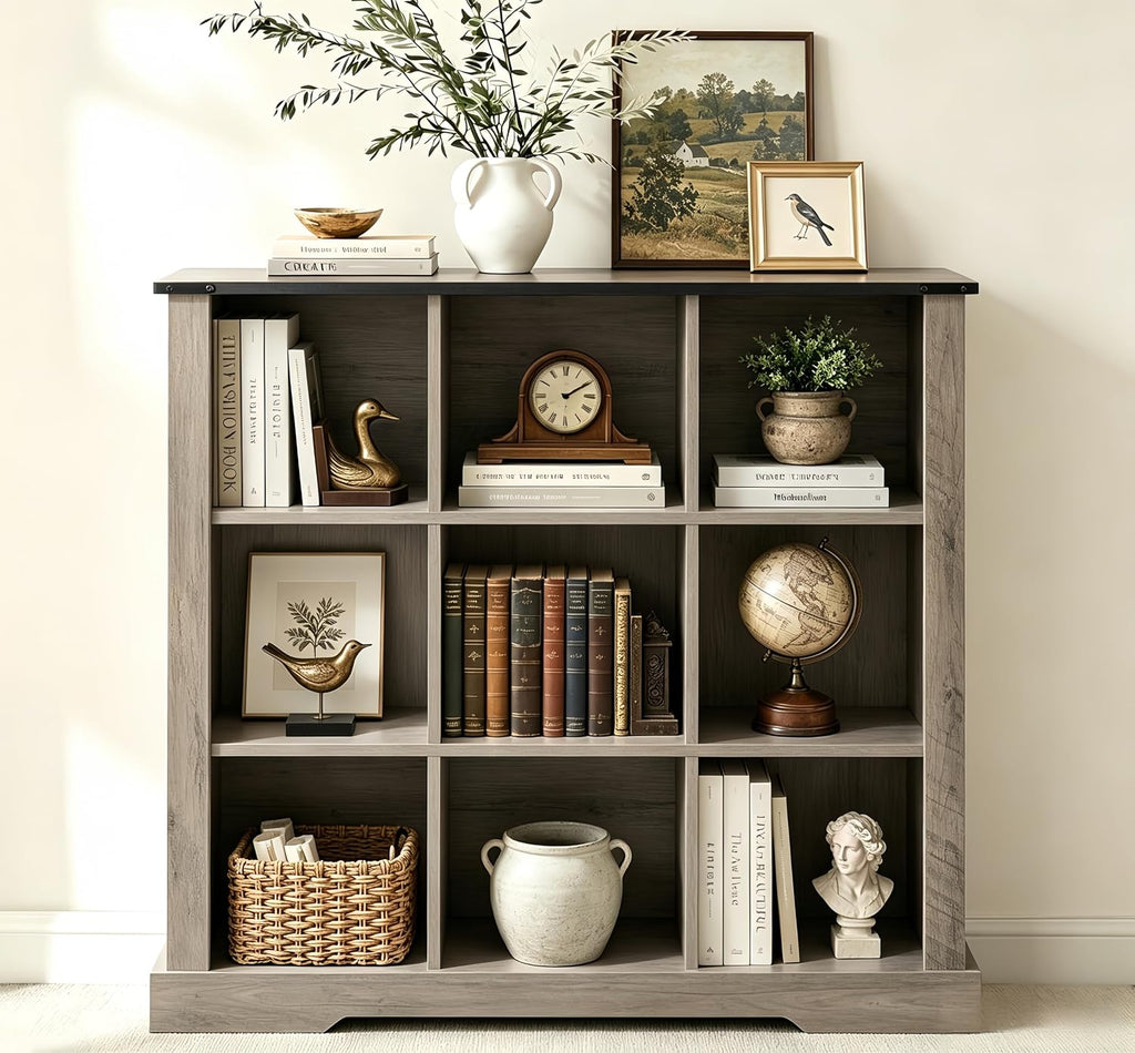 9 Cube Storage Organizer, 3 Tier Book Shelf with Led Lights, Farmhouse Book Shelves for Living Room, Horizontal Toy Storage Bookshelf, Wood Display Bookcase Cabinet for Bedroom, Office, Grey