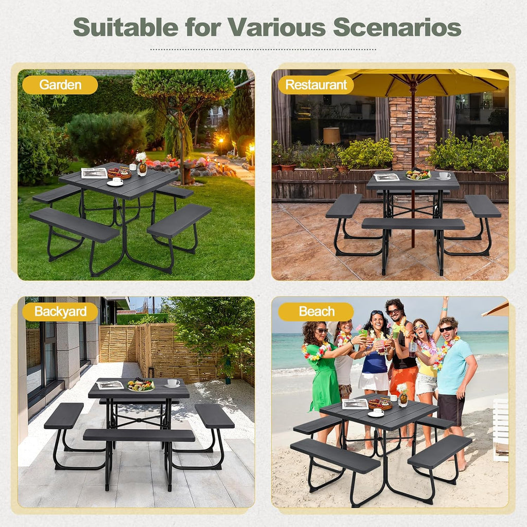 Tangkula 8 Person Picnic Table, Outdoor Square Picnic Table with 4 Built-in Benches, Umbrella Hole, Metal Frame & HDPE Tabletop, Outside Table and Bench Set for Backyard, 2300lbs Weight Capacity