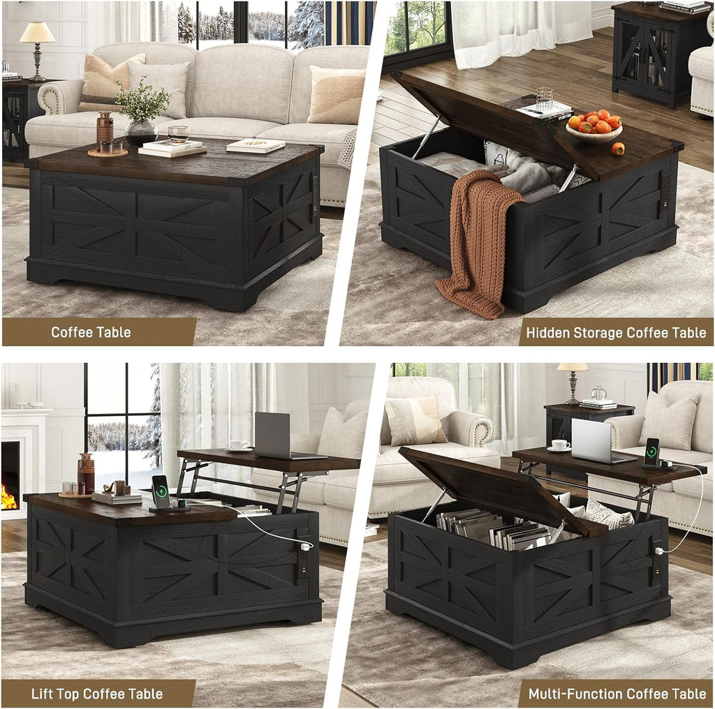 Hlivelood 36' Farmhouse Movable Lift Top Coffee Table with Storage and Power Outlets, Square Wood Living Room Tables with Wheels&Large Hidden Space, Lift Wooden Barn Door Center Table, Black