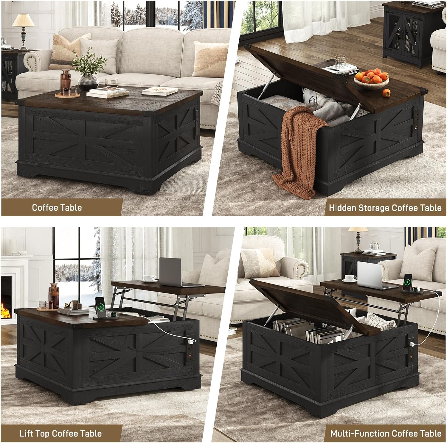 Hlivelood 36' Farmhouse Movable Lift Top Coffee Table with Storage and Power Outlets, Square Wood Living Room Tables with Wheels&Large Hidden Space, Lift Wooden Barn Door Center Table, Black