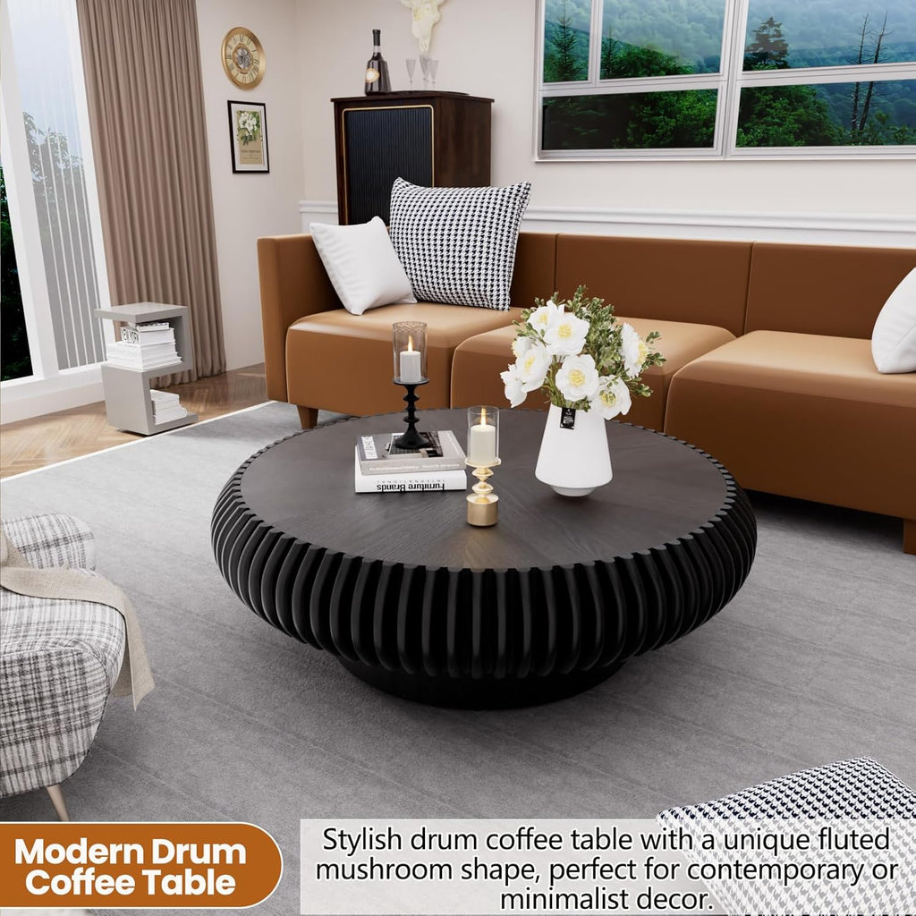 Round Drum Coffee Table with Sturdy Pedestal, Modern Wooden Fluted Coffee Table, Circle Center Table Accent Tea Table for Living Room Apartment Office Reception Room (Black D39.4)