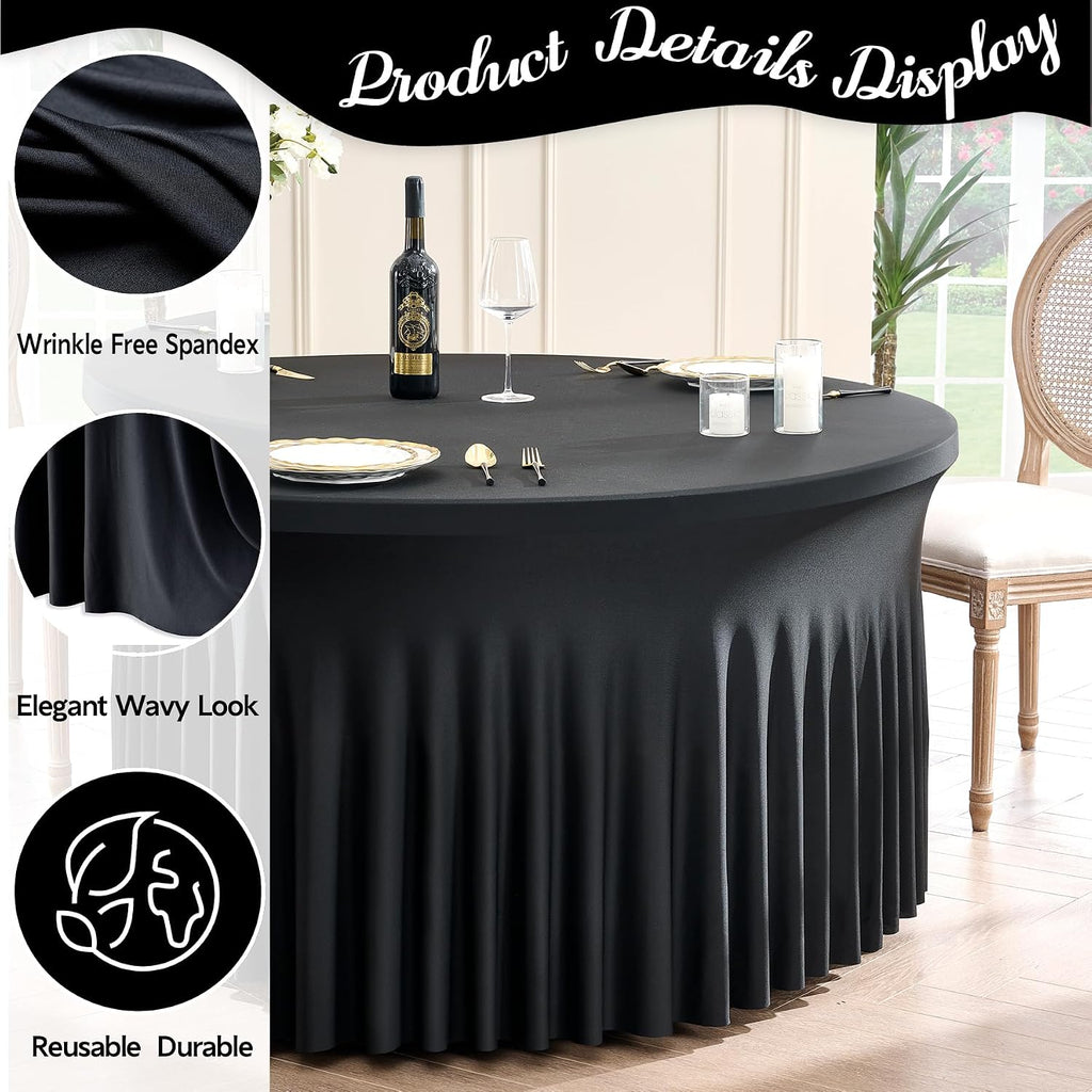 leegleri 8 Pack Spandex Black Round Tablecloths for 72in Table, Stretchy 132inch Fitted 6FT Round Table Cloths, Wrinkle Free Table Cover with Skirt for Wedding Birthday Party Bridal Shower Banquet