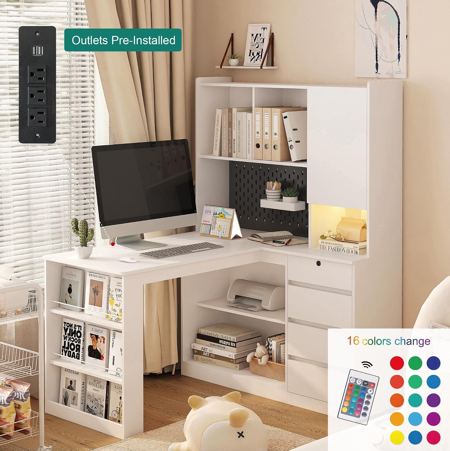 White L-Shaped Home Office Desk with Hutch & Drawers, Modern Corner Desk with LED Light & Bookshelf, Wood Study Writing Table Gaming Computer Desk for Bedroom, Home