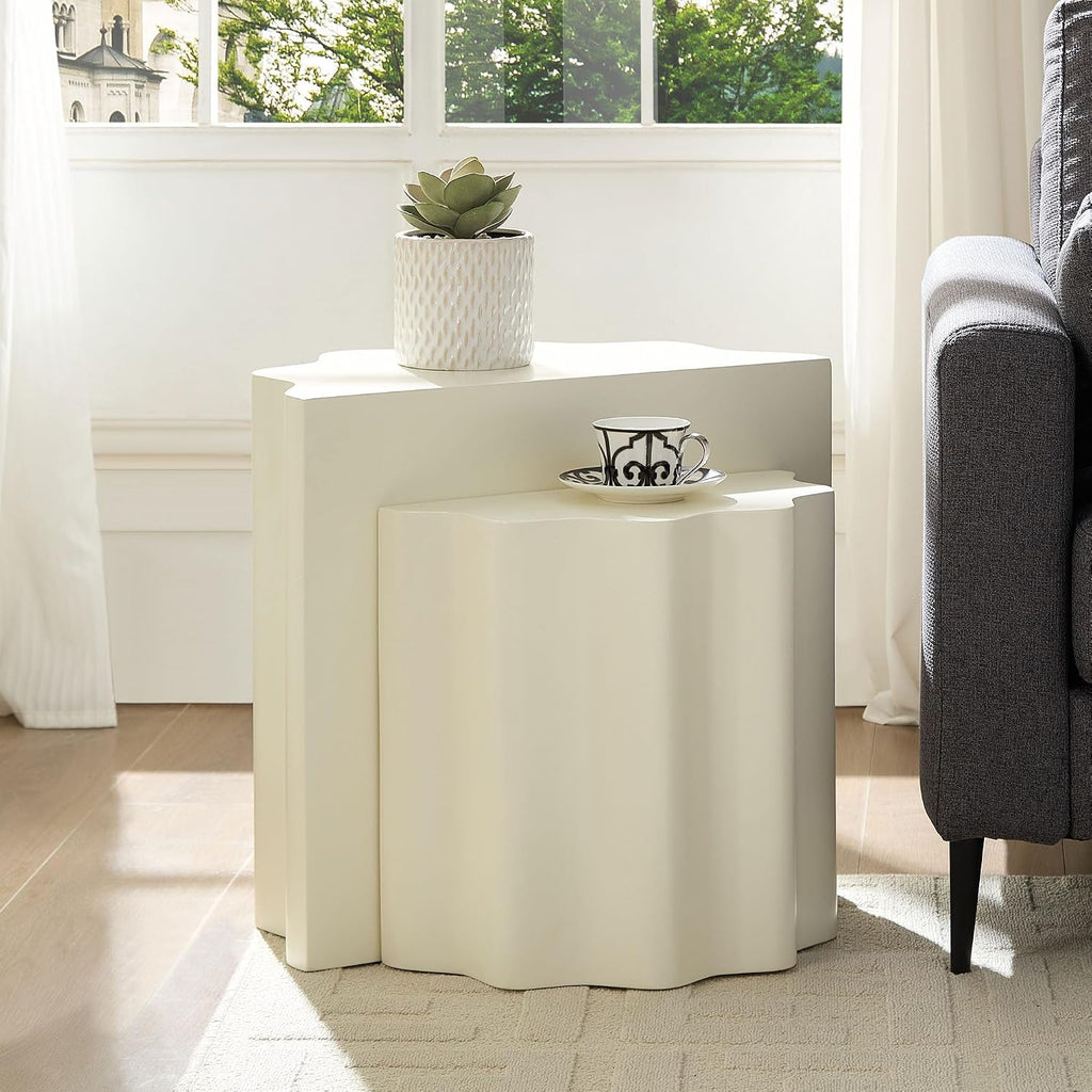 WILLIAMSPACE Nesting Coffee Table Set of 2 for Living Room, Modern Circle Center Table with Wavy Edges Design, Accent End Side Table for Small Space, No Need Assembly (Fiberglass, 22.05'+16.93')