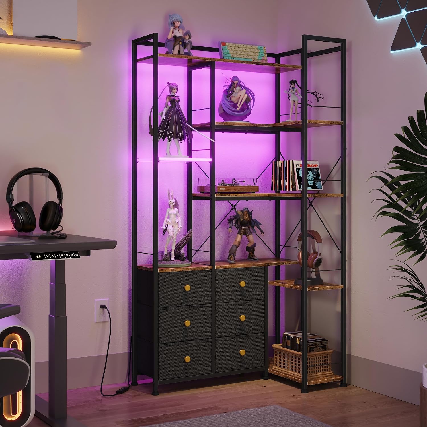 AFLUI Corner Bookshelf with LED Lights & 6 Fabric Drawers, 5-Tier Industrial L-Shaped Bookcase with Acrylic Display Shelf for Living Room, Office